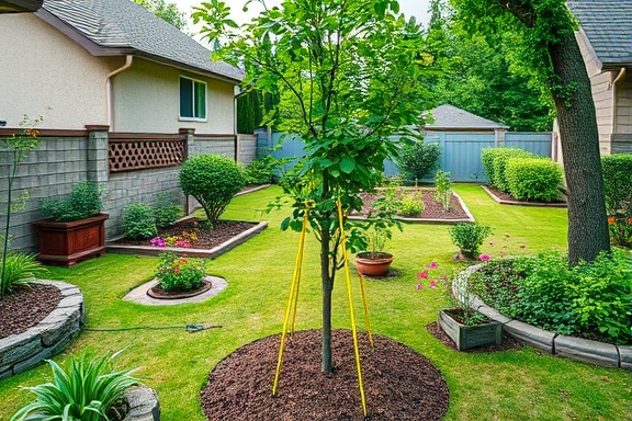 innovative planting tree, enthusiastic, positioning support sticks, photorealistic, suburban backyard filled with various plant beds, highly detailed, butterflies fluttering, wide-angle view, vibrant greens and blues, overcast sky, shot with a Sony 24-70mm f/2.8 lens.