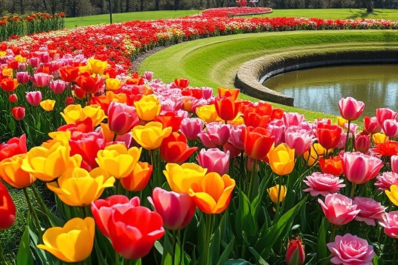 vibrant Kansas flower garden, colorful, an array of tulips and roses, photorealistic, gentle slopes leading to a pond, highly detailed, butterflies hovering, precise focus, lively reds and yellows, dappled sunlight, shot with a zoom lens