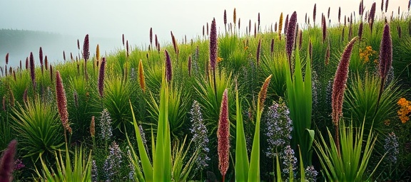 majestic landscaping plants, elegant, reaching up to the sky, photorealistic, diverse array of shapes and sizes in a sprawling meadow, highly detailed, a gentle mist settling, f/8, deep greens and floral colors, diffused morning light, shot with a 24mm lens.