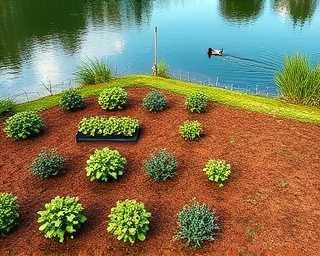 environmental planting mulching, hopeful, watering freshly planted area, photorealistic, eco-friendly garden near a tranquil lake, highly detailed, ducks swimming by, aerial view, lush greens with blue reflections, soft mid-morning light, shot with a DJI Drone camera.