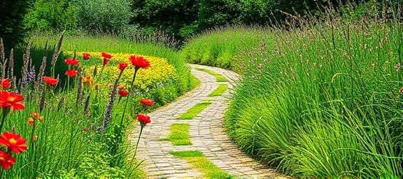 idyllic landscaping path, meandering, leading through verdant foliage, photorealistic, cobblestone path amidst vibrant wildflowers and tall grasses, highly detailed, birds chirping in the distance, f/3.5, bright floral hues and lush greens, sun-dappled, shot with a 28mm lens.