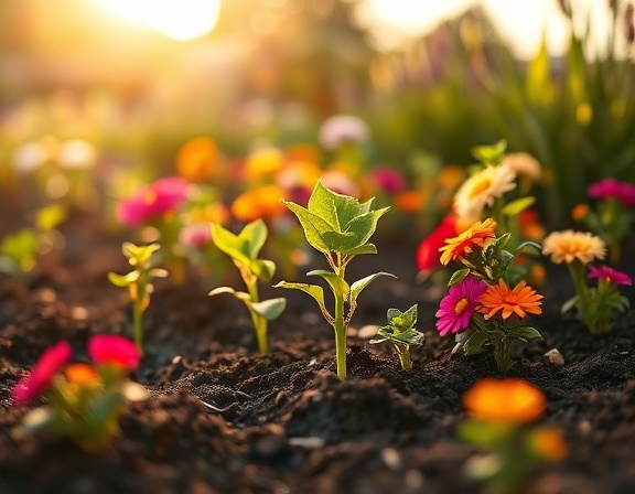 sustainable planting mulching, joyful, nurturing young plants, photorealistic, community garden with colorful flowers, highly detailed, wind softly blowing leaves, tilt-shift effect, warm sunrise hues, soft diffused light, shot with a Nikon 85mm f/1.4 lens.